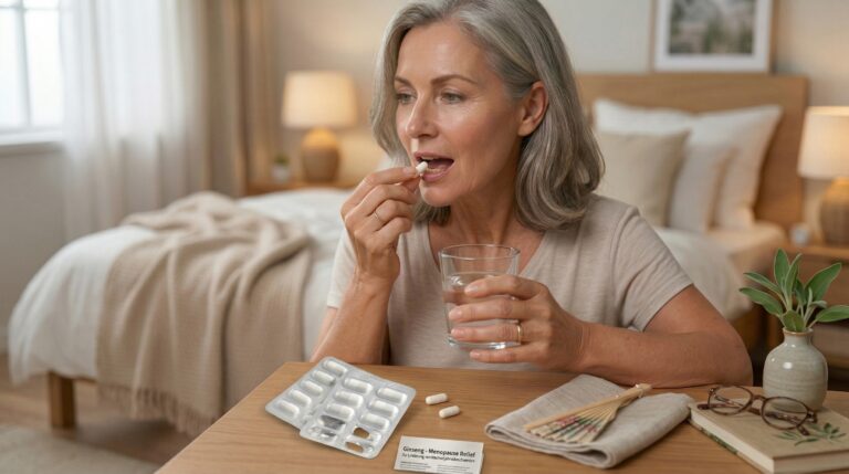 Mittelalte Frau im Schlafzimmer bei Zeitung und Ginsengkapseln
