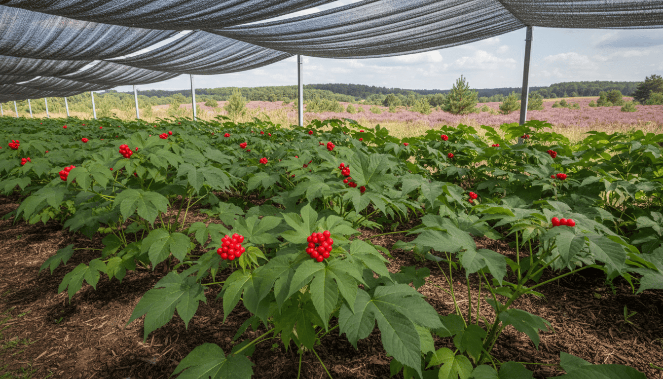 Ginseng-Pflanzen im deutschen Garten mit Schattierung