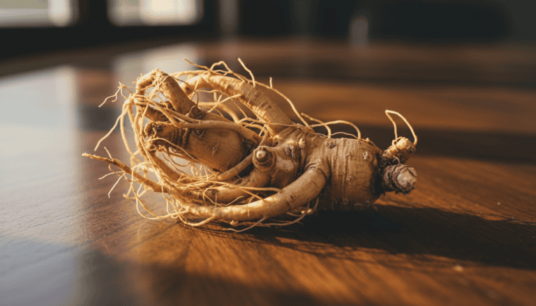 Frische koreanische Ginseng-Wurzel mit sichtbaren Wurzelfasern auf dunklem Holz